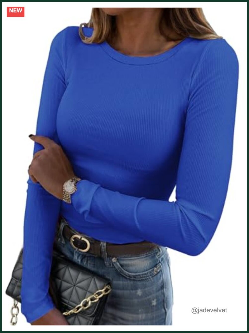Ribbed Long Sleeve Slim Fit Crewneck Tee Viscose Spandex Stretch Top